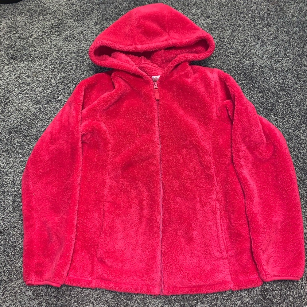 pink fuzzy zip up jacket with hood large 10-12